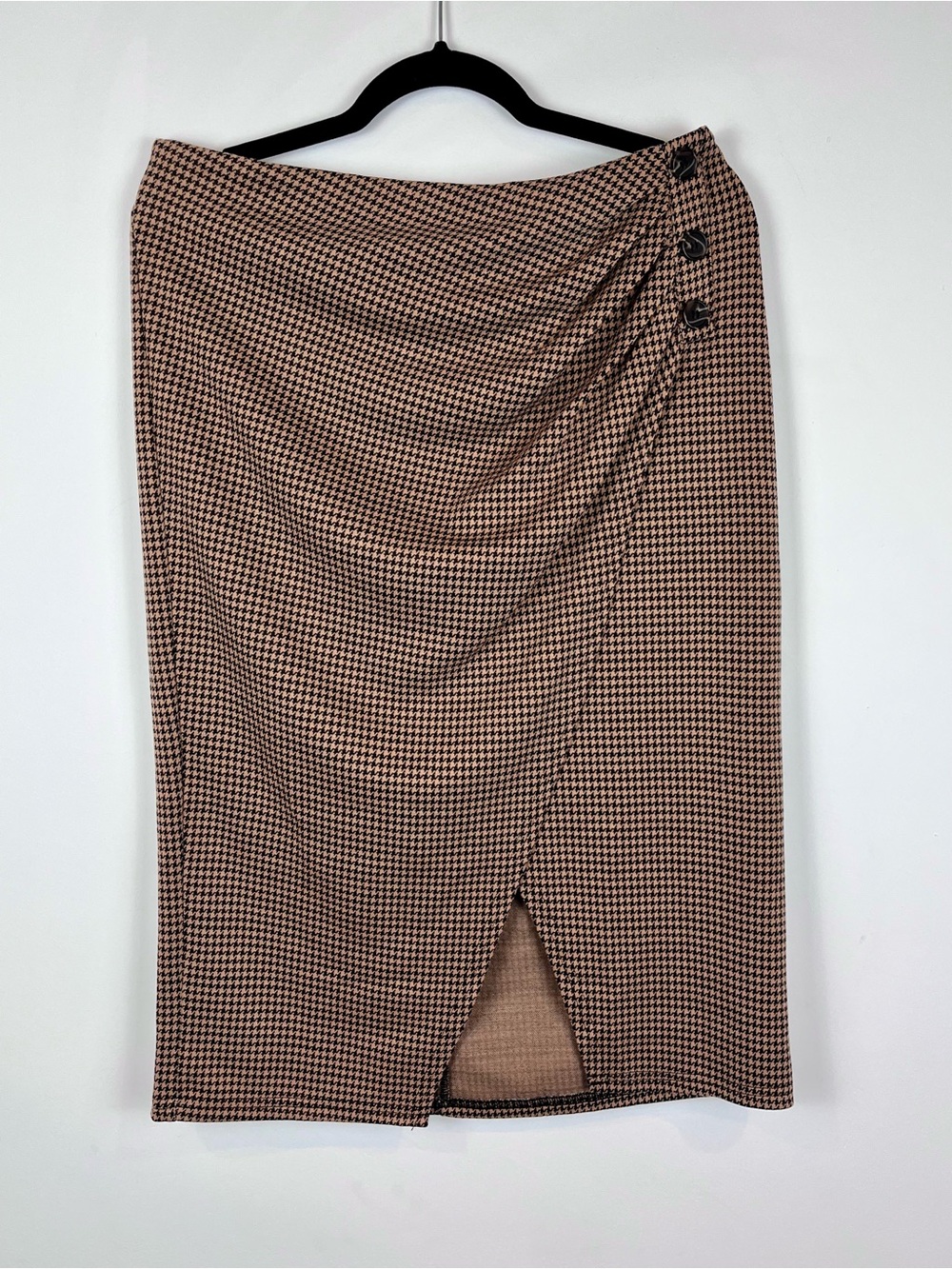 NWT Grace Karin XL Houndstooth Wrap Midi Skirt Brown Black Button Office Career